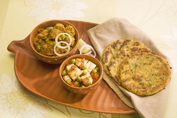 Soya Kebab,  Masala Chees, Green Peas with Makki Ki Roti, Indian Food