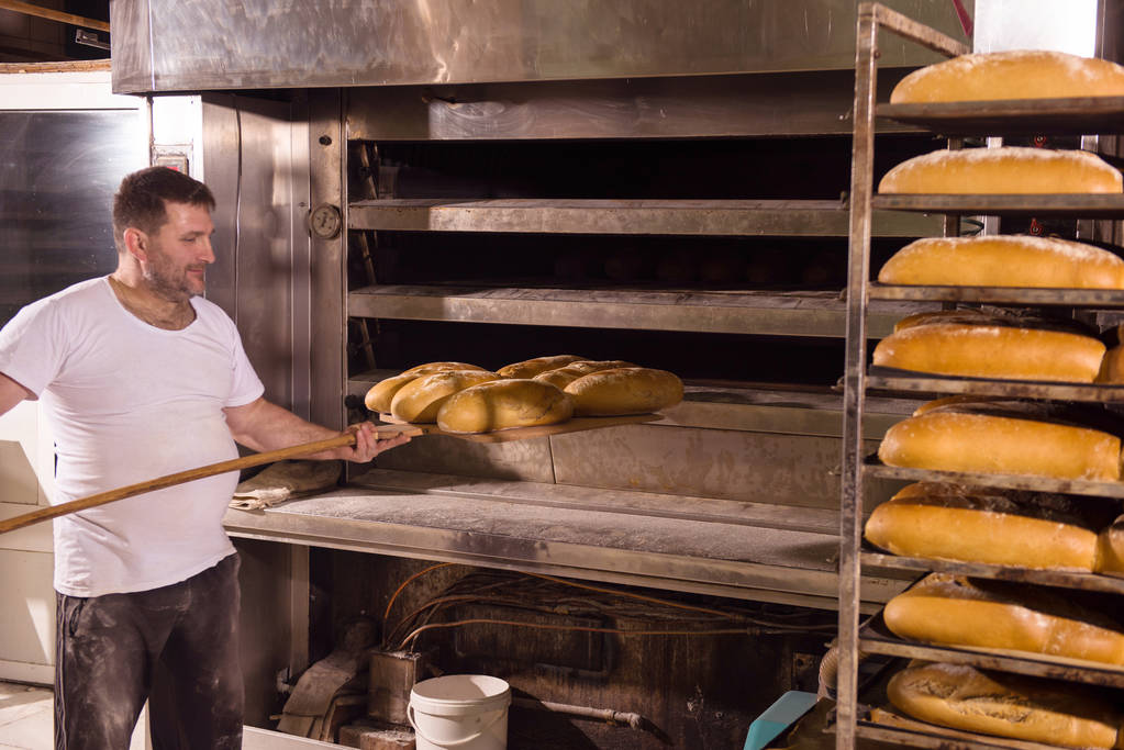 bakery worker taking out freshly baked breads with shovel from the professional oven at the manufacturing